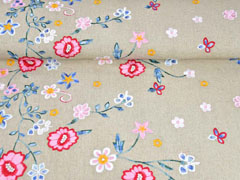 Leinen Viskose Blumen Stickerei Bord�re, bunt beige