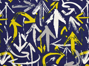 Dekostoff Leinenlook Pfeile Graffiti Style, senfgelb dunkelblau
