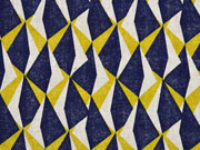 Dekostoff Leinenlook geometrisches Muster, senfgelb dunkelblau natur