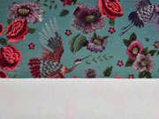 Dekosamt Velourstoff Blumen Kraniche, rot dunkles altmint