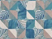 Dekostoff Leinenlook geometrisches Bl�ttermuster, gr�npetrol beige natur