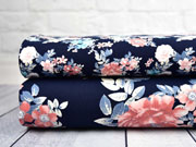 Jersey Blumen, apricot dunkelblau