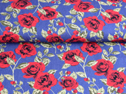 Stretchjeansstoff Rosen, rot jeansblau