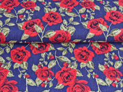 Stretchjeansstoff Rosen, rot dunkles jeansblau