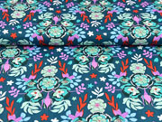 Baumwollstoff Blumen Knospen Bl�tter, hellmint petrol