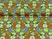 Baumwollstoff Blumen Knospen Bl�tter, hellgr�n khaki