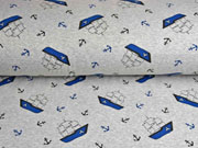 Alpenfleece Sweatstoff Segelboote Anker, hellgrau meliert