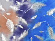 Jersey Batiklook silberne Glitzerfedern, blau orange lila