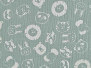 Musselin Double Gauze Tiergesichter, wei� helles altmint