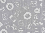 Musselin Double Gauze Tiergesichter, wei� hellgrau