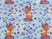 Jersey Jeanslook Rehe Blumen Digitaldruck, hellblau