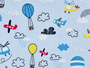 Baumwollstoff Hei�luftballons Flugzeuge Wolken, gelb rot hellblau