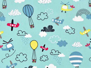Baumwollstoff Hei�luftballons Flugzeuge Wolken, gelb hellblau mint