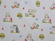 Baumwollstoff Waldtiere Igel Hasen, grau