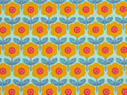 Baumwollstoff Retroblumen, senfgelb hellmint