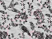 Viskosejersey V�gel und Rosen, grau melange