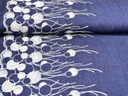 Jeansstoff Stickerei Bord�re Ranken, wei� auf dunkelblau