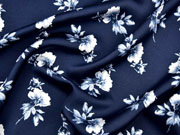 Crepe Blusenstoff Bubble Satin Blumen, wei� dunkelblau