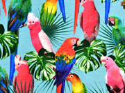 Jersey Digitaldruck Papageien Palmbl�tter, jeansblau