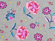 Sweatshirtstoff Blumen angeraut, hellgrau meliert