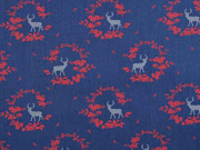 Baumwolle Dirndl Stoff Romantico Blumen Hirsche, rot dunkelblau