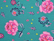 French Terry Sweat Blumen, rosa petrol