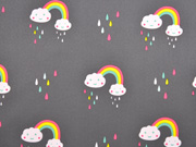 Softshell Stoff  Regenbogen Tropfen Wolken, grau