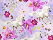 Jersey Digitaldruck Pferde Blumen, flieder
