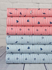 Baumwollstoff Streifen Schwalben, rauchblau