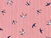 Baumwollstoff Streifen Schwalben, rot