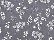 Baumwollstoff Blumen und Zweige, weiss grau