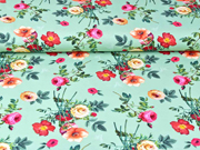 Jersey Blumen Rosen Digitaldruck, pink orange hellgr�n