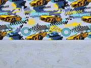 French Terry Sweat Rennautos, hellblau