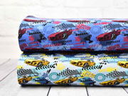 French Terry Sweat Rennautos, hellblau