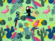 Jersey Aloha tropische V�gel und Bl�tter, hellgr�n