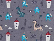 Sweatstoff Ritter Drachen Dinos, t�rkis hellgrau dunkelgrau