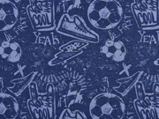 Sweatstoff Fu�ball Turnschuhe Schriften, jeansblau dunkelblau