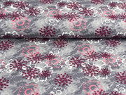 Sweatstoff French Terry Sternblumen, bordeaux rosa grau