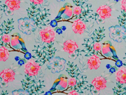 Softshell Stoff V�gel Rosen Bl�tter Zweige, pink mint