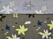 Musselin Double Gauze Blumen, gelb blau auf taupe