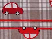 Baumwollstoff Autos Karos,  grau-rot