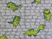 Baumwolle Dinos, gr�n auf grau