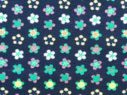 Jersey Mini Bl�mchen, t�rkis flieder auf dunkelblau