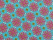 Baumwolle Ornament-Bl�mchen, rot auf hellblau