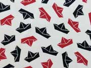 Baumwollstoff Papierschiffchen Segelboote, blau/rot auf wei�