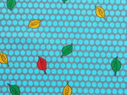 RESTST�CK 31 cm Sweatstoff Bl�tter Punkte Cherry Picking grau t�rkis