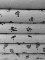 Sweatstoff Eulen F�chse B�ren, schwarz auf grau melange