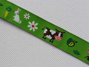 Webband 2cm Tiere vom Bauernhof, grasgr�n