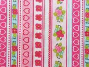 beschichtete Baumwolle Herzen/Blumen Bord�re, rosa